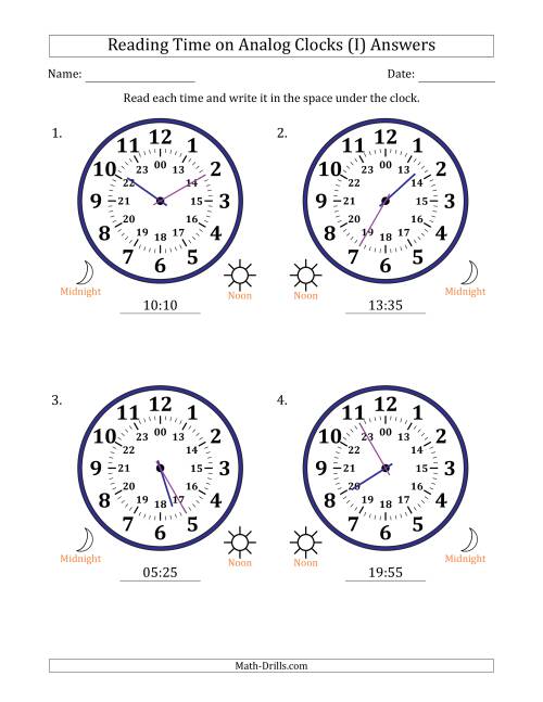The Reading 24 Hour Time on Analog Clocks in 5 Minute Intervals (4 Large Clocks) (I) Math Worksheet Page 2