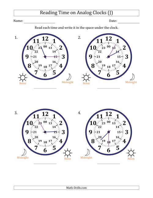 The Reading 24 Hour Time on Analog Clocks in 5 Minute Intervals (4 Large Clocks) (J) Math Worksheet