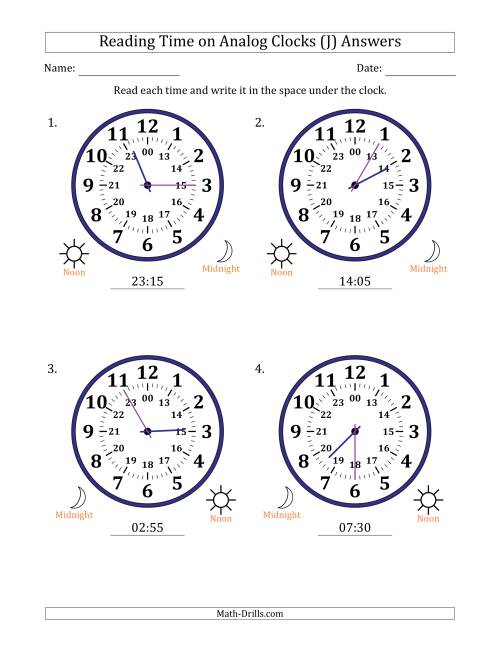 The Reading 24 Hour Time on Analog Clocks in 5 Minute Intervals (4 Large Clocks) (J) Math Worksheet Page 2