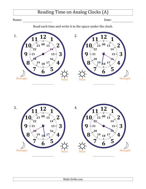 The Reading 24 Hour Time on Analog Clocks in 5 Minute Intervals (4 Large Clocks) (All) Math Worksheet