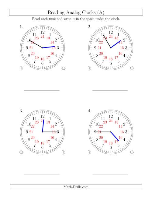 The Reading Time on 24 Hour Analog Clocks in 5 Minute Intervals (Large Clocks) (Old) Math Worksheet