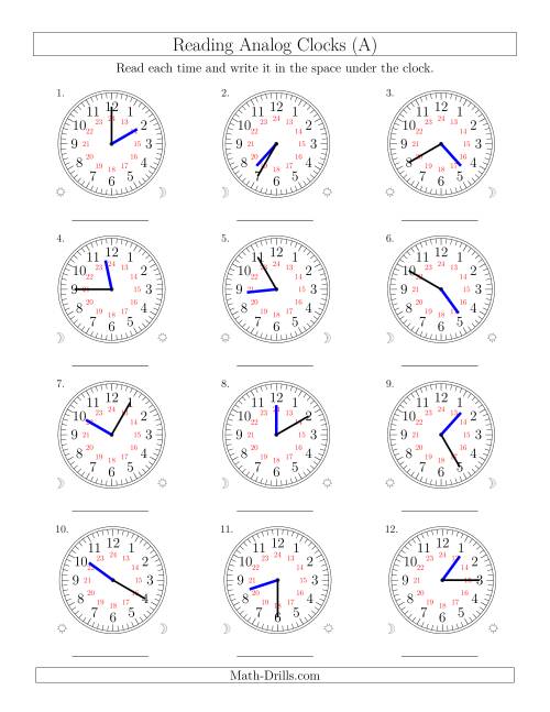 The Reading Time on 24 Hour Analog Clocks in 5 Minute Intervals (Old) Math Worksheet