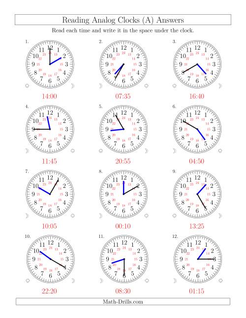 The Reading Time on 24 Hour Analog Clocks in 5 Minute Intervals (Old) Math Worksheet Page 2