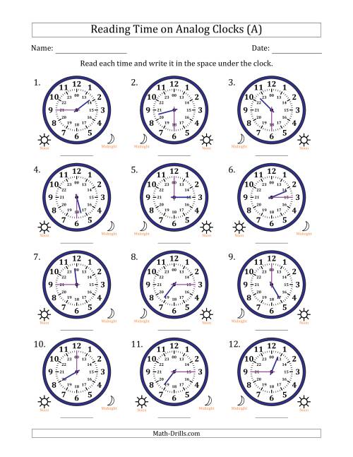 The Reading 24 Hour Time on Analog Clocks in 15 Minute Intervals (12 Clocks) (A) Math Worksheet