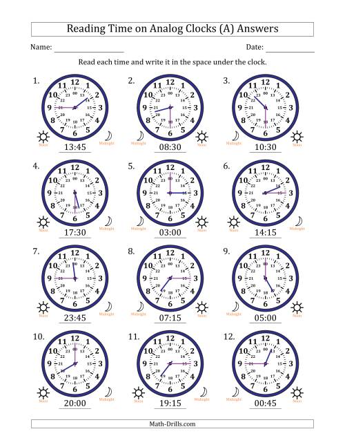The Reading 24 Hour Time on Analog Clocks in 15 Minute Intervals (12 Clocks) (A) Math Worksheet Page 2
