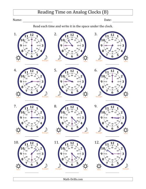 The Reading 24 Hour Time on Analog Clocks in 15 Minute Intervals (12 Clocks) (B) Math Worksheet