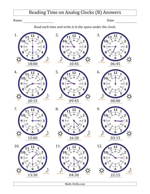 The Reading 24 Hour Time on Analog Clocks in 15 Minute Intervals (12 Clocks) (B) Math Worksheet Page 2