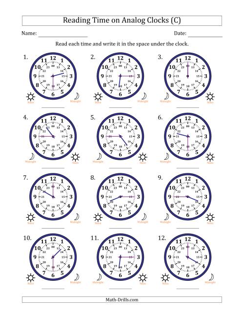 The Reading 24 Hour Time on Analog Clocks in 15 Minute Intervals (12 Clocks) (C) Math Worksheet