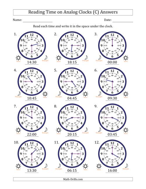 The Reading 24 Hour Time on Analog Clocks in 15 Minute Intervals (12 Clocks) (C) Math Worksheet Page 2