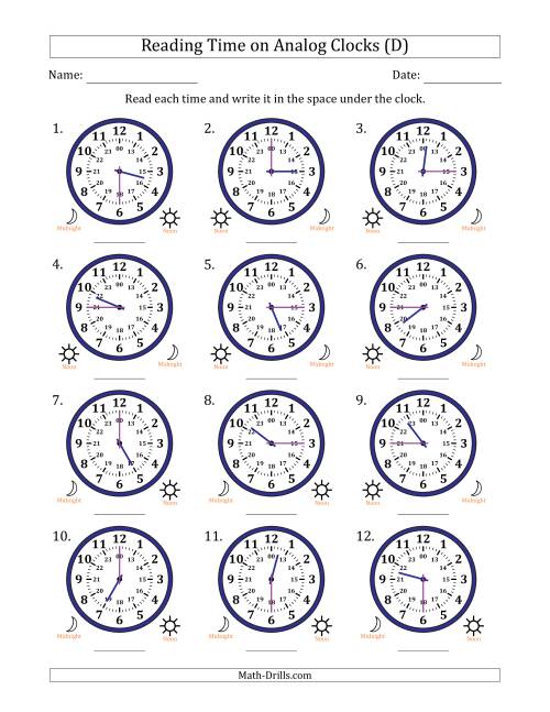 The Reading 24 Hour Time on Analog Clocks in 15 Minute Intervals (12 Clocks) (D) Math Worksheet