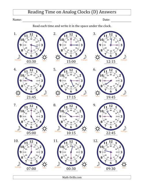 The Reading 24 Hour Time on Analog Clocks in 15 Minute Intervals (12 Clocks) (D) Math Worksheet Page 2