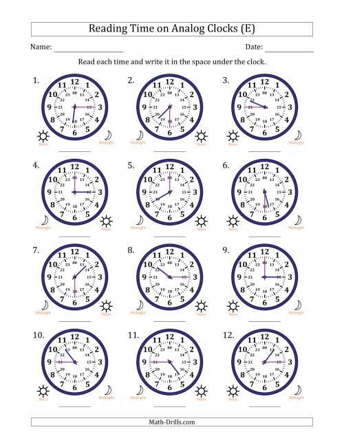 The Reading 24 Hour Time on Analog Clocks in 15 Minute Intervals (12 Clocks) (E) Math Worksheet