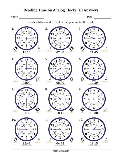 The Reading 24 Hour Time on Analog Clocks in 15 Minute Intervals (12 Clocks) (E) Math Worksheet Page 2