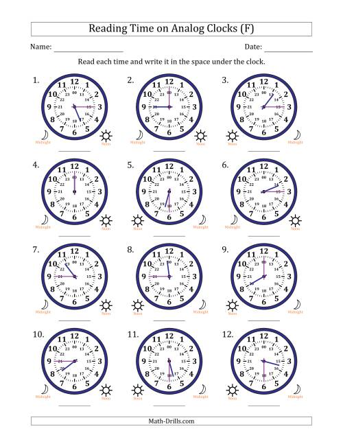 The Reading 24 Hour Time on Analog Clocks in 15 Minute Intervals (12 Clocks) (F) Math Worksheet