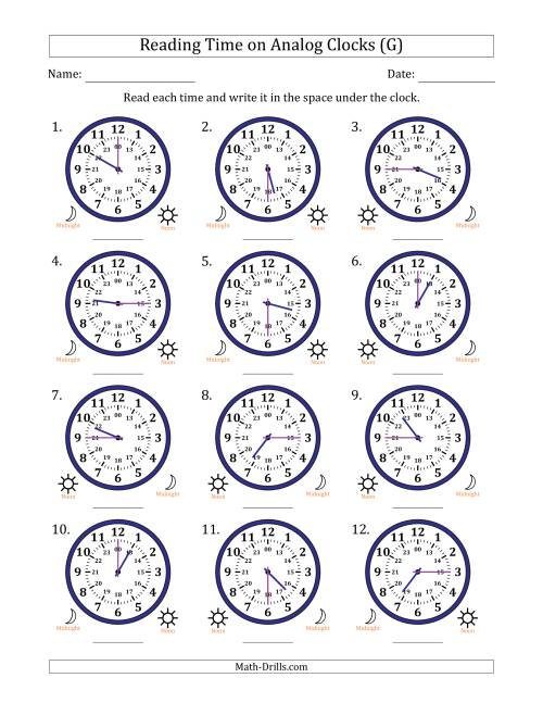 The Reading 24 Hour Time on Analog Clocks in 15 Minute Intervals (12 Clocks) (G) Math Worksheet
