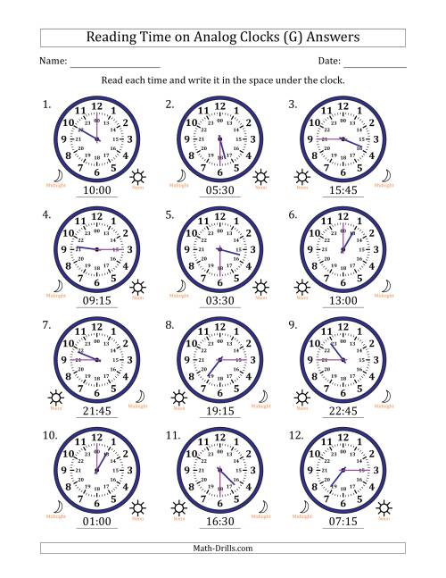 The Reading 24 Hour Time on Analog Clocks in 15 Minute Intervals (12 Clocks) (G) Math Worksheet Page 2