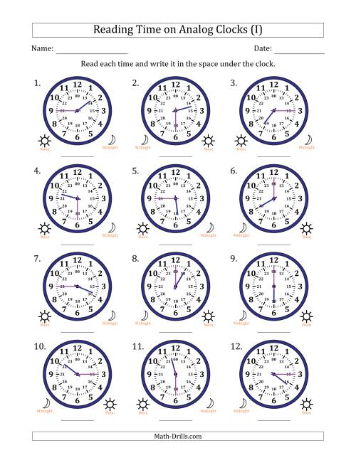 The Reading 24 Hour Time on Analog Clocks in 15 Minute Intervals (12 Clocks) (I) Math Worksheet