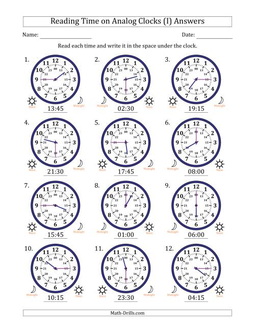 The Reading 24 Hour Time on Analog Clocks in 15 Minute Intervals (12 Clocks) (I) Math Worksheet Page 2