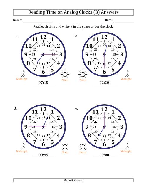 The Reading 24 Hour Time on Analog Clocks in 15 Minute Intervals (4 Large Clocks) (B) Math Worksheet Page 2