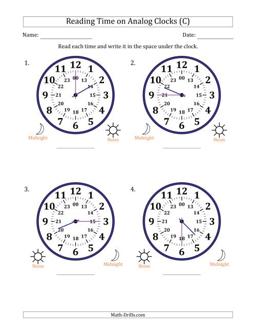 The Reading 24 Hour Time on Analog Clocks in 15 Minute Intervals (4 Large Clocks) (C) Math Worksheet