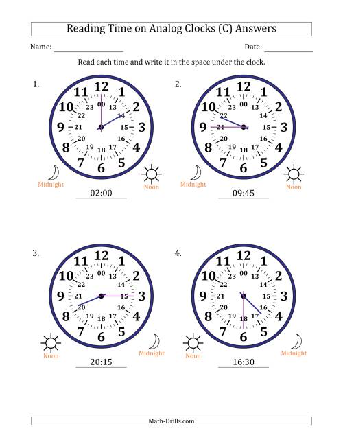 The Reading 24 Hour Time on Analog Clocks in 15 Minute Intervals (4 Large Clocks) (C) Math Worksheet Page 2
