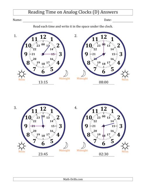 The Reading 24 Hour Time on Analog Clocks in 15 Minute Intervals (4 Large Clocks) (D) Math Worksheet Page 2