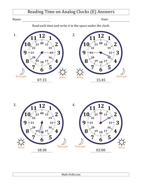 The Reading 24 Hour Time on Analog Clocks in 15 Minute Intervals (4 Large Clocks) (E) Math Worksheet Page 2