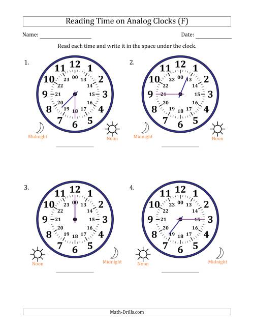 The Reading 24 Hour Time on Analog Clocks in 15 Minute Intervals (4 Large Clocks) (F) Math Worksheet
