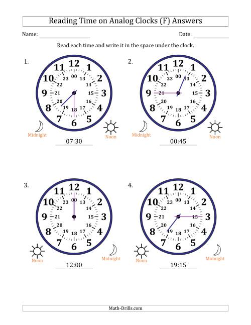 The Reading 24 Hour Time on Analog Clocks in 15 Minute Intervals (4 Large Clocks) (F) Math Worksheet Page 2