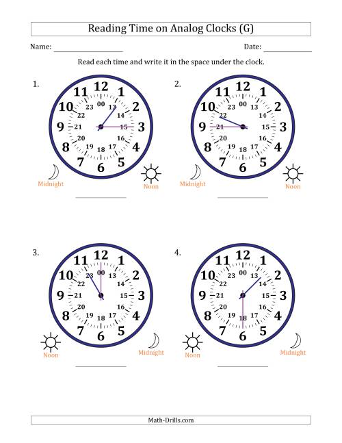 The Reading 24 Hour Time on Analog Clocks in 15 Minute Intervals (4 Large Clocks) (G) Math Worksheet