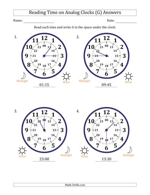 The Reading 24 Hour Time on Analog Clocks in 15 Minute Intervals (4 Large Clocks) (G) Math Worksheet Page 2