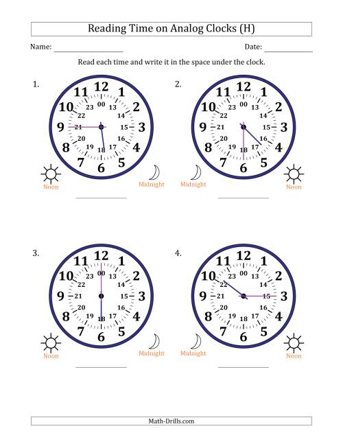 The Reading 24 Hour Time on Analog Clocks in 15 Minute Intervals (4 Large Clocks) (H) Math Worksheet