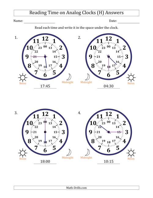 The Reading 24 Hour Time on Analog Clocks in 15 Minute Intervals (4 Large Clocks) (H) Math Worksheet Page 2
