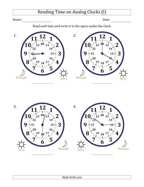The Reading 24 Hour Time on Analog Clocks in 15 Minute Intervals (4 Large Clocks) (I) Math Worksheet