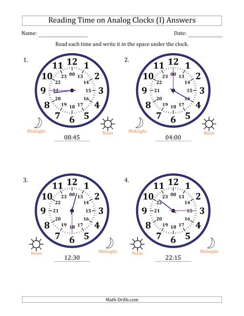 The Reading 24 Hour Time on Analog Clocks in 15 Minute Intervals (4 Large Clocks) (I) Math Worksheet Page 2