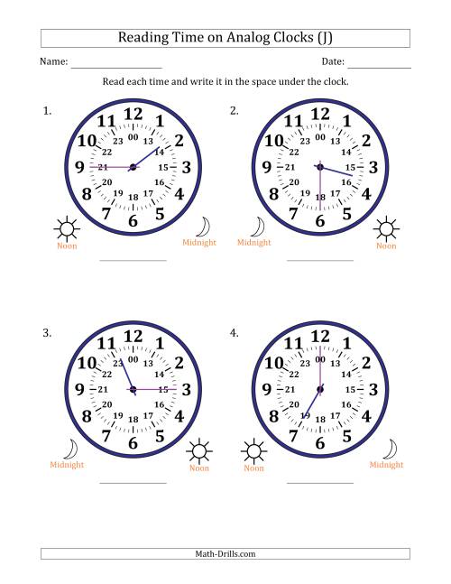 The Reading 24 Hour Time on Analog Clocks in 15 Minute Intervals (4 Large Clocks) (J) Math Worksheet