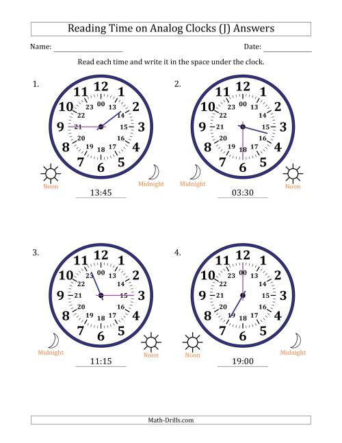 The Reading 24 Hour Time on Analog Clocks in 15 Minute Intervals (4 Large Clocks) (J) Math Worksheet Page 2