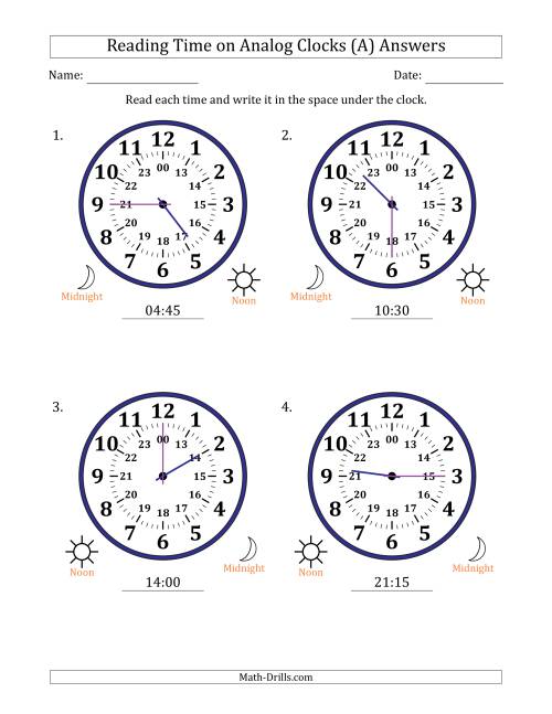 The Reading 24 Hour Time on Analog Clocks in 15 Minute Intervals (4 Large Clocks) (All) Math Worksheet Page 2