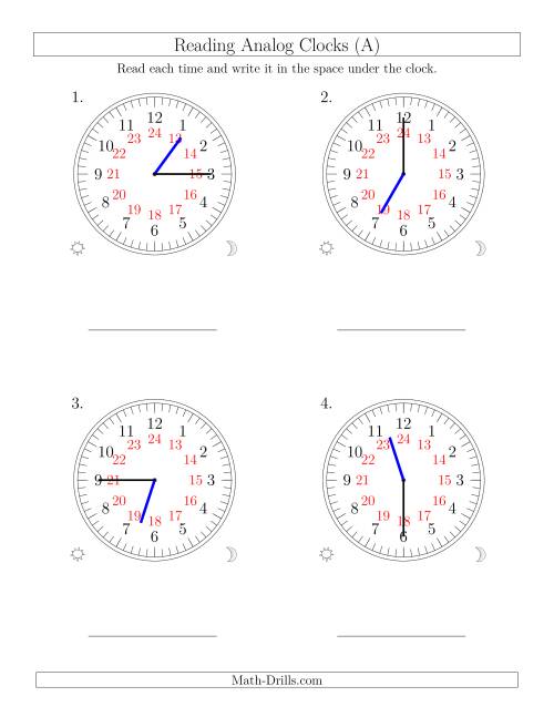 The Reading Time on 24 Hour Analog Clocks in 15 Minute Intervals (Large Clocks) (Old) Math Worksheet