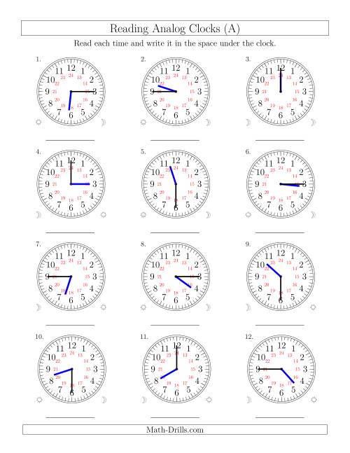 The Reading Time on 24 Hour Analog Clocks in Quarter Hour Intervals (Old) Math Worksheet