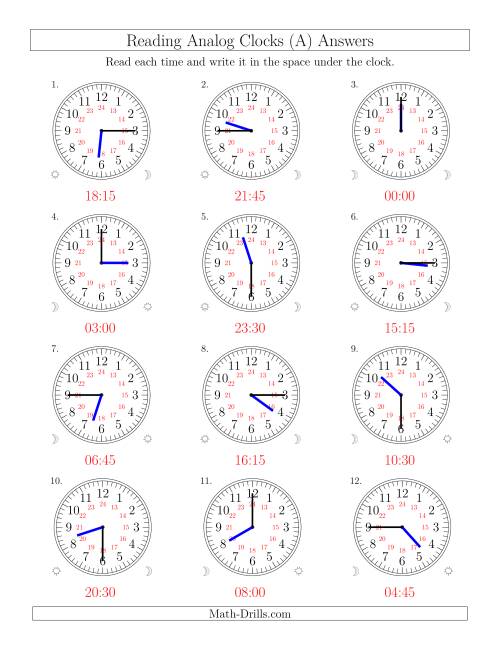 The Reading Time on 24 Hour Analog Clocks in Quarter Hour Intervals (Old) Math Worksheet Page 2