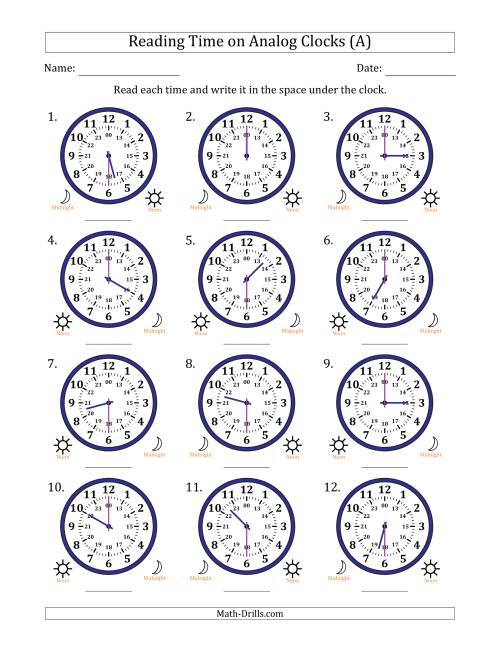 The Reading 24 Hour Time on Analog Clocks in 30 Minute Intervals (12 Clocks) (A) Math Worksheet