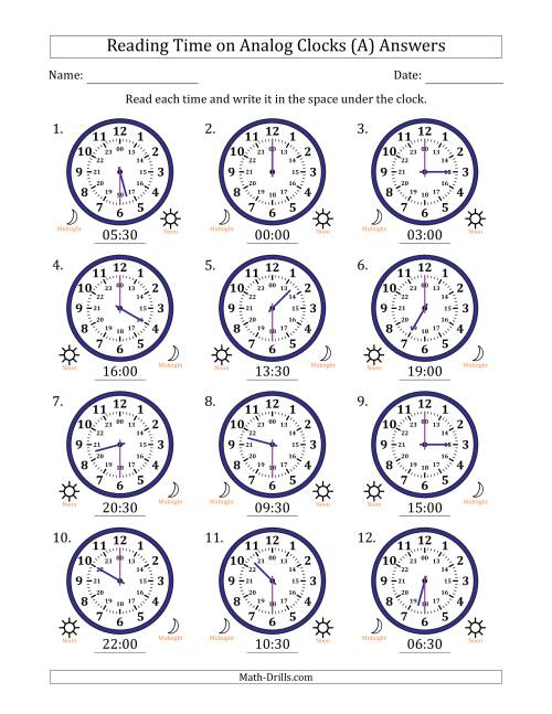The Reading 24 Hour Time on Analog Clocks in 30 Minute Intervals (12 Clocks) (A) Math Worksheet Page 2