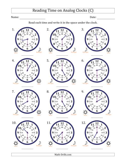 The Reading 24 Hour Time on Analog Clocks in 30 Minute Intervals (12 Clocks) (C) Math Worksheet