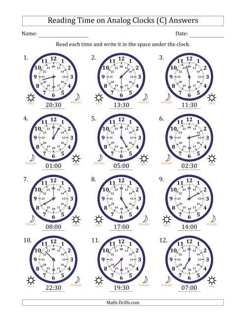 The Reading 24 Hour Time on Analog Clocks in 30 Minute Intervals (12 Clocks) (C) Math Worksheet Page 2
