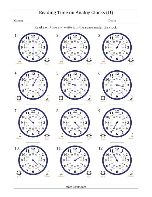 The Reading 24 Hour Time on Analog Clocks in 30 Minute Intervals (12 Clocks) (D) Math Worksheet