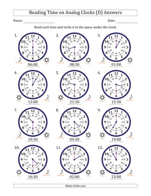 The Reading 24 Hour Time on Analog Clocks in 30 Minute Intervals (12 Clocks) (D) Math Worksheet Page 2