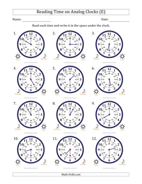 The Reading 24 Hour Time on Analog Clocks in 30 Minute Intervals (12 Clocks) (E) Math Worksheet