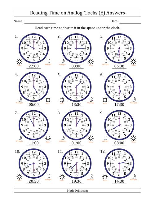 The Reading 24 Hour Time on Analog Clocks in 30 Minute Intervals (12 Clocks) (E) Math Worksheet Page 2