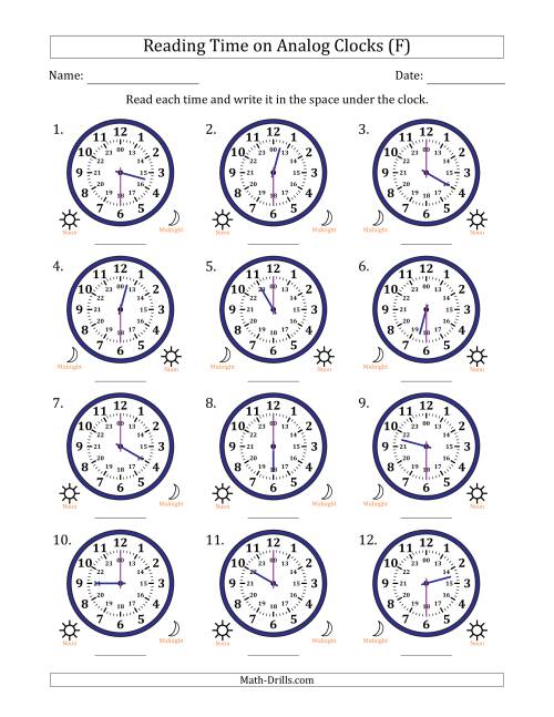 The Reading 24 Hour Time on Analog Clocks in 30 Minute Intervals (12 Clocks) (F) Math Worksheet